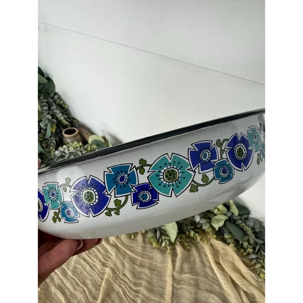 70’s Laguna Blue‎ National Silver Company enameled porcelain pan floral cookware